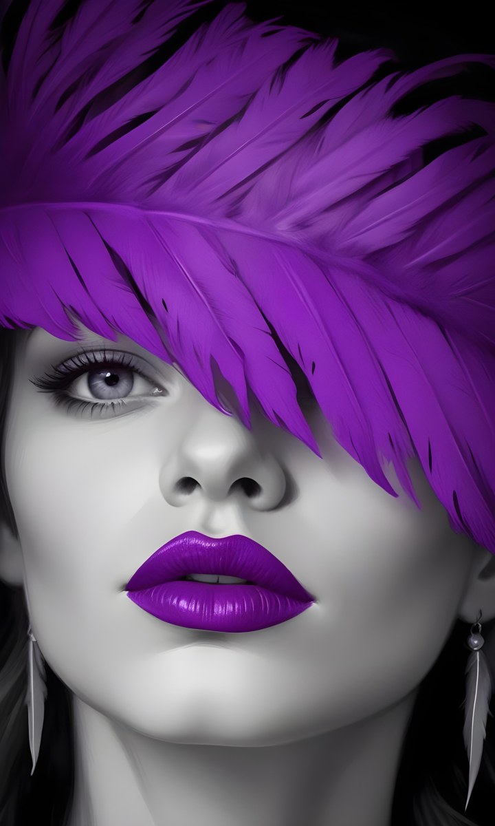 Digital Painting A White Woman 25 Years Old With Purple Lips And A Purple Feather Hat Black And White Face Gray Background Bold And Slim Lines Brush Strokes 18 D8f5