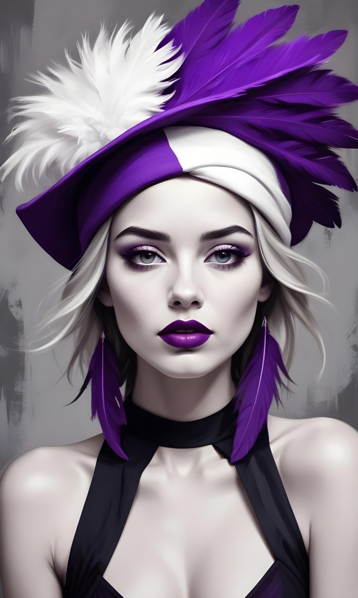 Digital Painting A White Woman 25 Years Old With Purple Lips And A Purple Feather Hat Black And White Face Gray Background Bold And Slim Lines Brush Strokes 19 4f8b