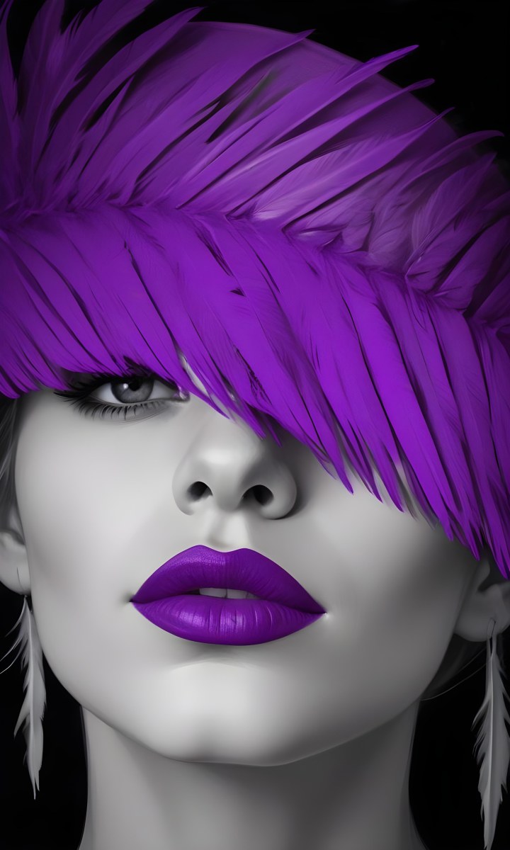 Digital Painting A White Woman 25 Years Old With Purple Lips And A Purple Feather Hat Black And White Face Gray Background Bold And Slim Lines Brush Strokes 20 Ea2b