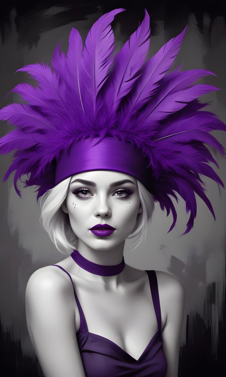 Digital Painting A White Woman 25 Years Old With Purple Lips And A Purple Feather Hat Black And White Face Gray Background Bold And Slim Lines Brush Strokes 32 3a5d