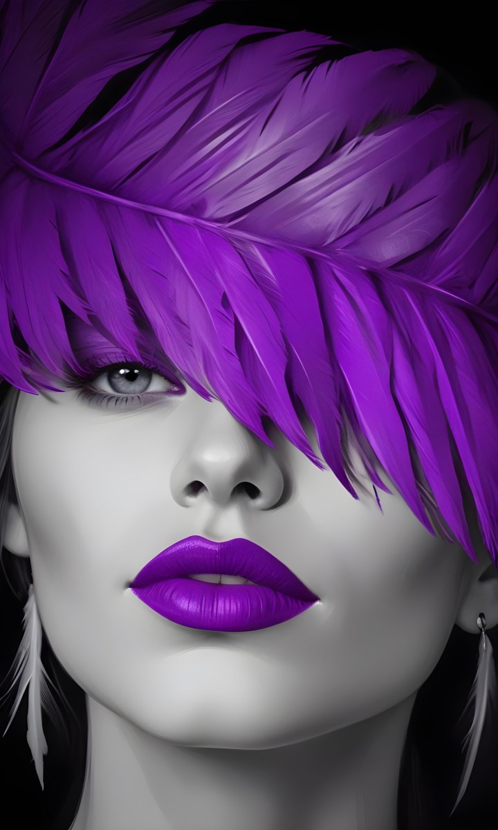 Digital Painting A White Woman 25 Years Old With Purple Lips And A Purple Feather Hat Black And White Face Gray Background Bold And Slim Lines Brush Strokes 33 Ce76