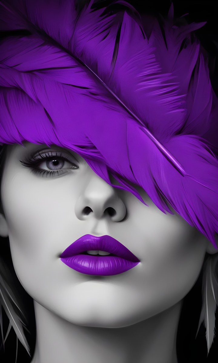 Digital Painting A White Woman 25 Years Old With Purple Lips And A Purple Feather Hat Black And White Face Gray Background Bold And Slim Lines Brush Strokes 36 2235