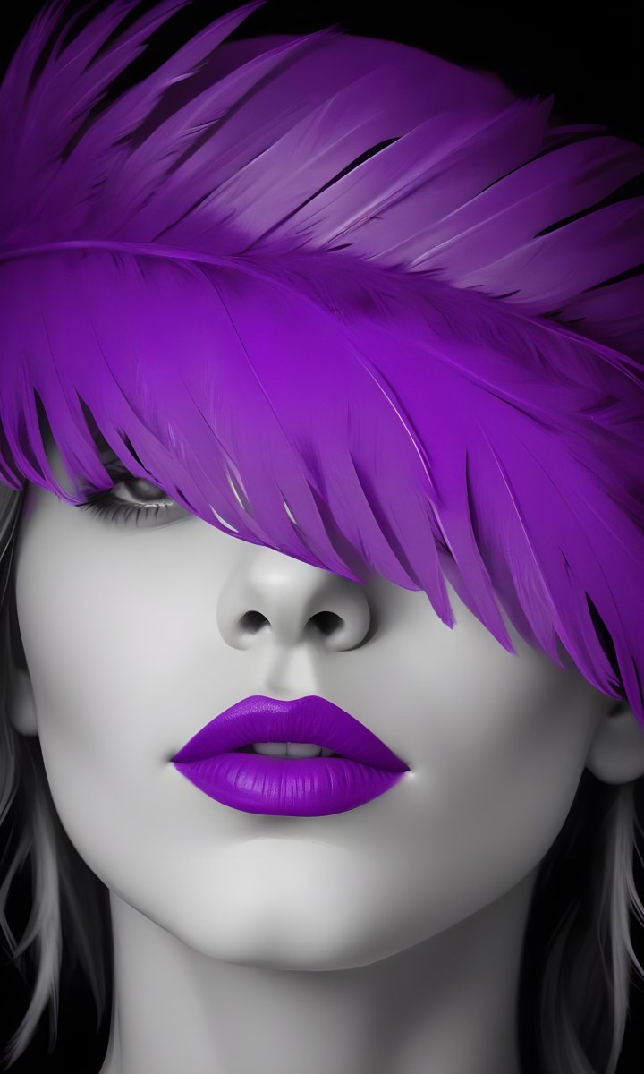 Digital Painting A White Woman 25 Years Old With Purple Lips And A Purple Feather Hat Black And White Face Gray Background Bold And Slim Lines Brush Strokes 37 0ff6