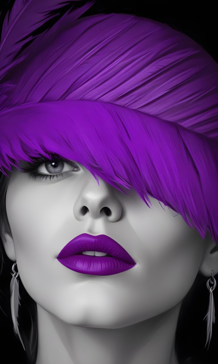 Digital Painting A White Woman 25 Years Old With Purple Lips And A Purple Feather Hat Black And White Face Gray Background Bold And Slim Lines Brush Strokes 4 B81f