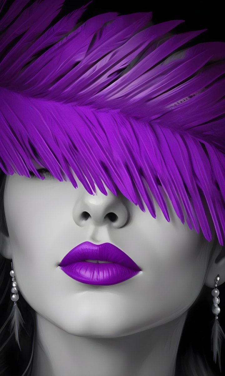 Digital Painting A White Woman 25 Years Old With Purple Lips And A Purple Feather Hat Black And White Face Gray Background Bold And Slim Lines Brush Strokes 5 Fca3