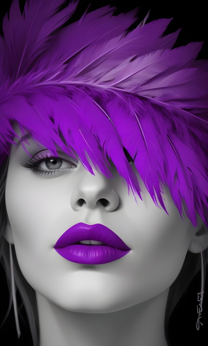 Digital Painting A White Woman 25 Years Old With Purple Lips And A Purple Feather Hat Black And White Face Gray Background Bold And Slim Lines Brush Strokes 6 4612