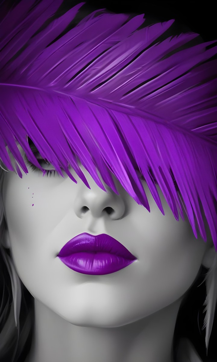 Digital Painting A White Woman 25 Years Old With Purple Lips And A Purple Feather Hat Black And White Face Gray Background Bold And Slim Lines Brush Strokes 8 8403