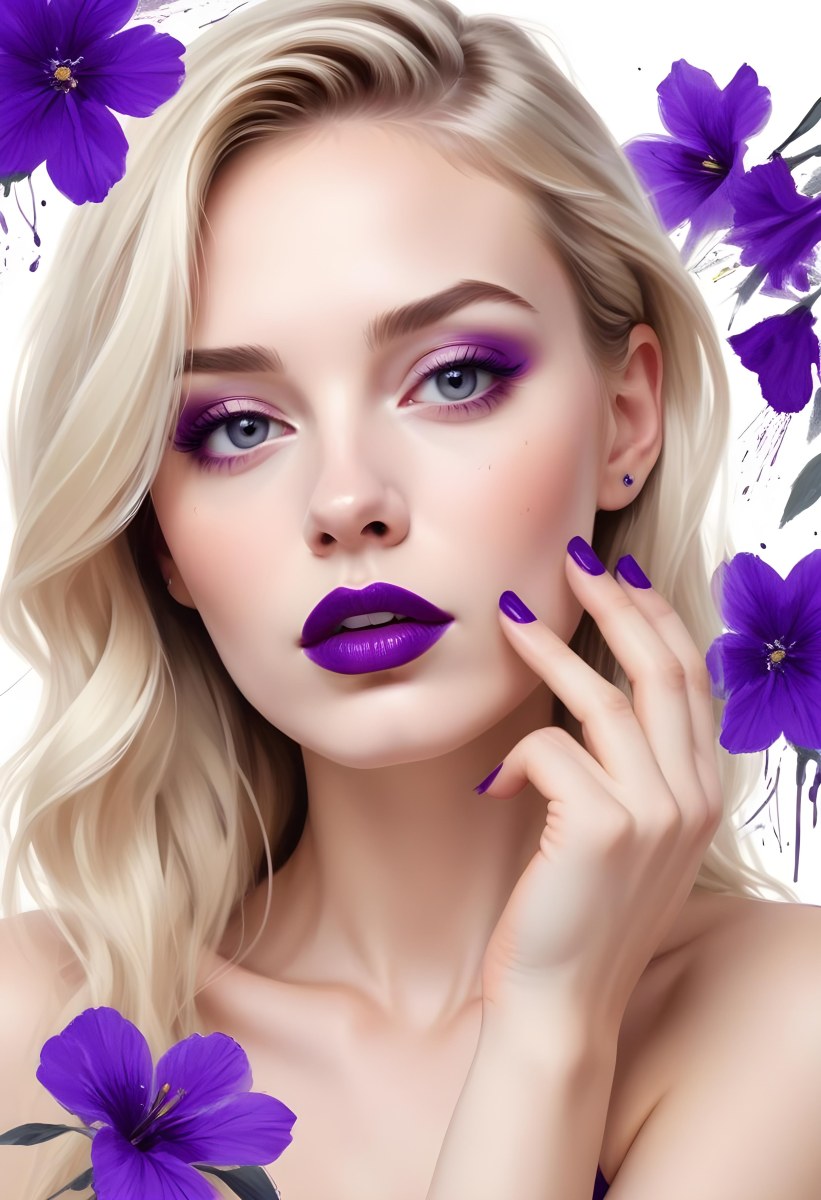Digital Painting A White Woman Age 25 With Purple Lipstick And Nails With A White Background And Purple Flowers And Nail Polish Bold And Slim Lines Brush Strokes 4 3564