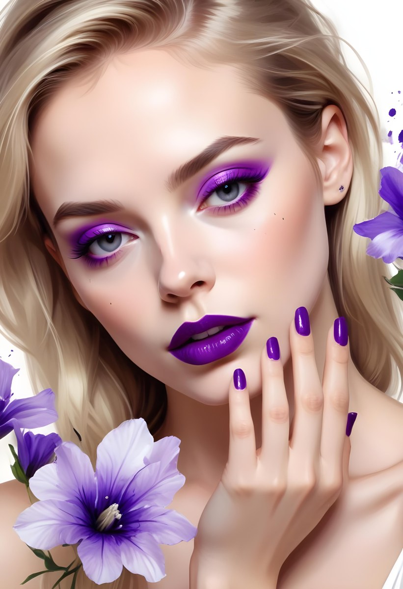 Digital Painting A White Woman Age 25 With Purple Lipstick And Nails With A White Background And Purple Flowers And Nail Polish Bold And Slim Lines Brush Strokes 6 4f34