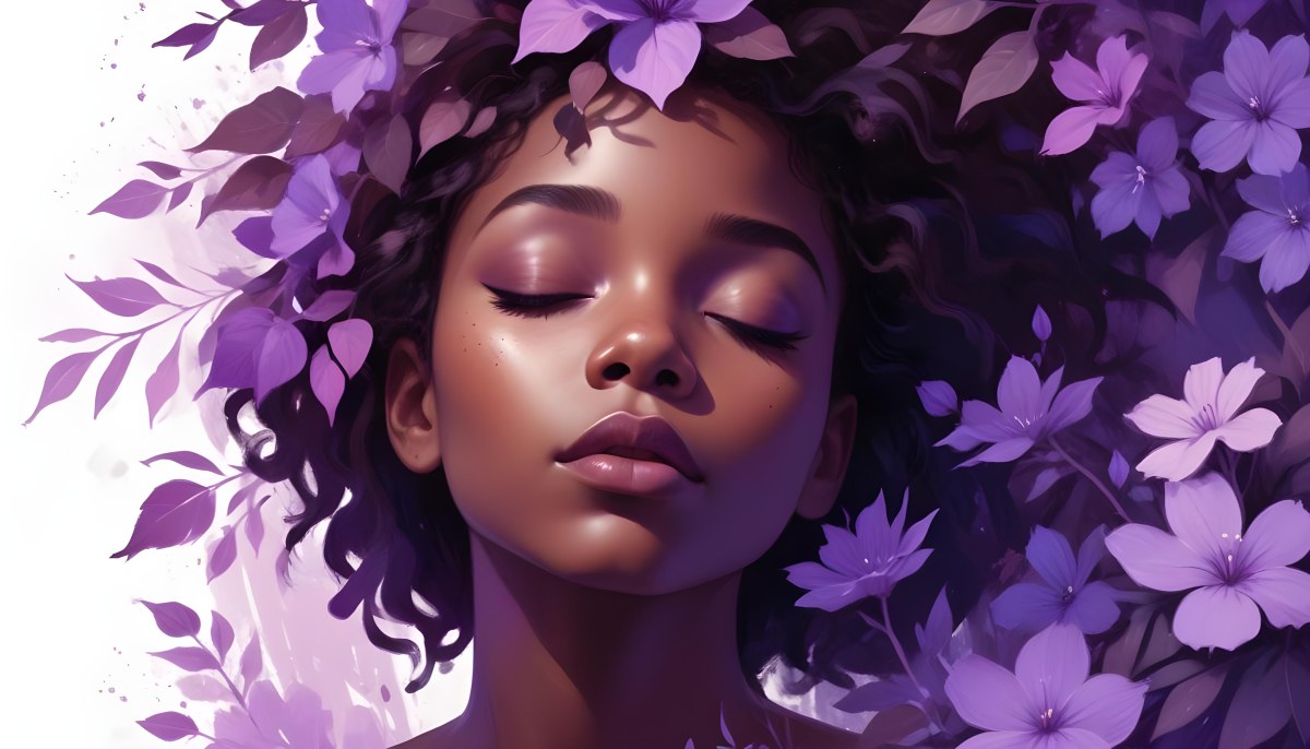 Digital Painting A Young Black Girl With Closed Eyes And Full Lips Surrounded By Purple Flowers And Leaves The Background Is Filled With Various Shades Of Purple Creating A Dreamy Atmosphere Bold And Slim Lines B 10 9fb8