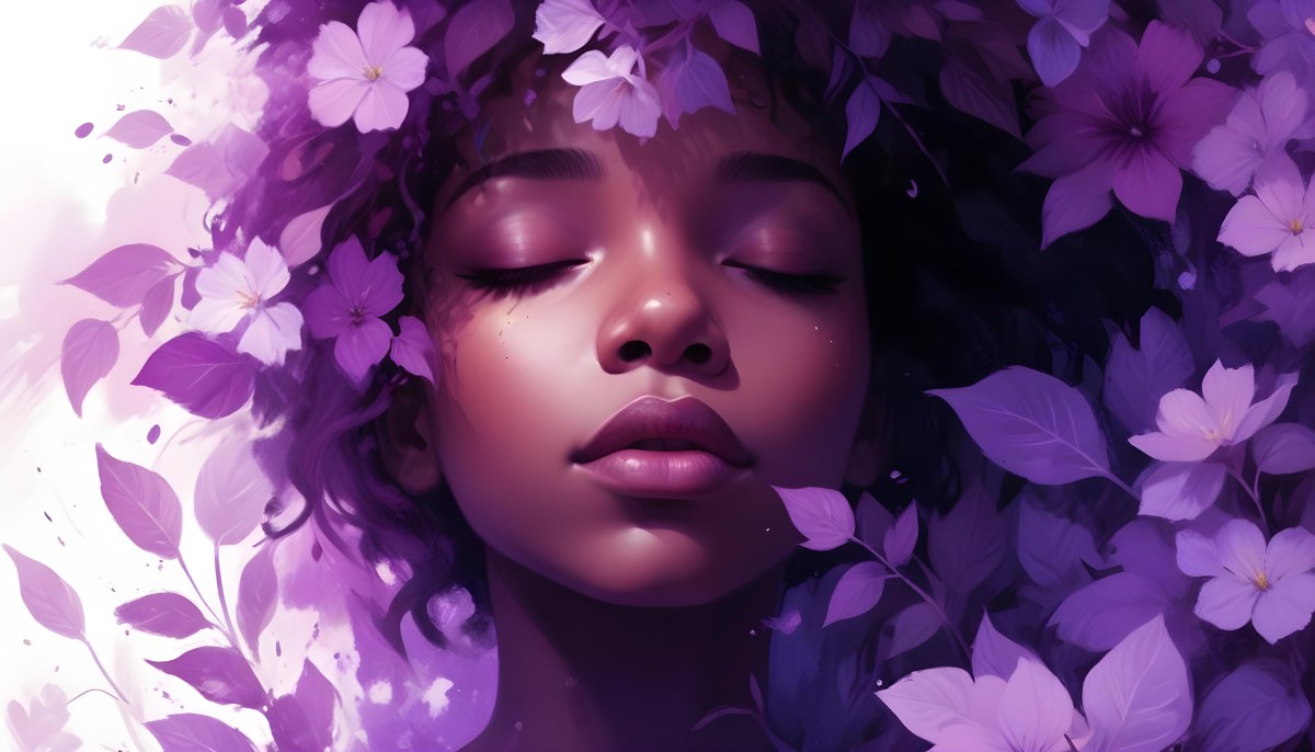 Digital Painting A Young Black Girl With Closed Eyes And Full Lips Surrounded By Purple Flowers And Leaves The Background Is Filled With Various Shades Of Purple Creating A Dreamy Atmosphere Bold And Slim Lines B 18 837a
