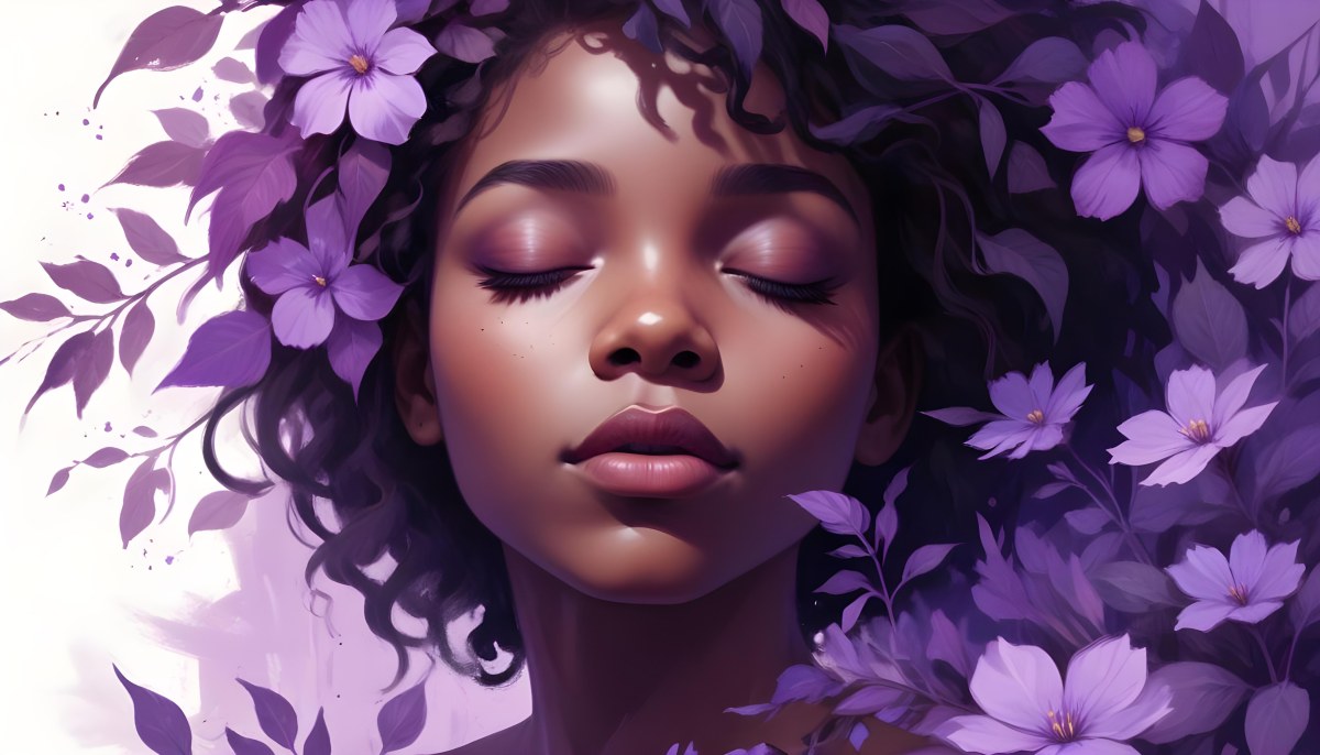 Digital Painting A Young Black Girl With Closed Eyes And Full Lips Surrounded By Purple Flowers And Leaves The Background Is Filled With Various Shades Of Purple Creating A Dreamy Atmosphere Bold And Slim Lines B 24 1d77