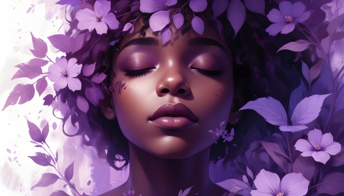 Digital Painting A Young Black Girl With Closed Eyes And Full Lips Surrounded By Purple Flowers And Leaves The Background Is Filled With Various Shades Of Purple Creating A Dreamy Atmosphere Bold And Slim Lines B 28 83aa