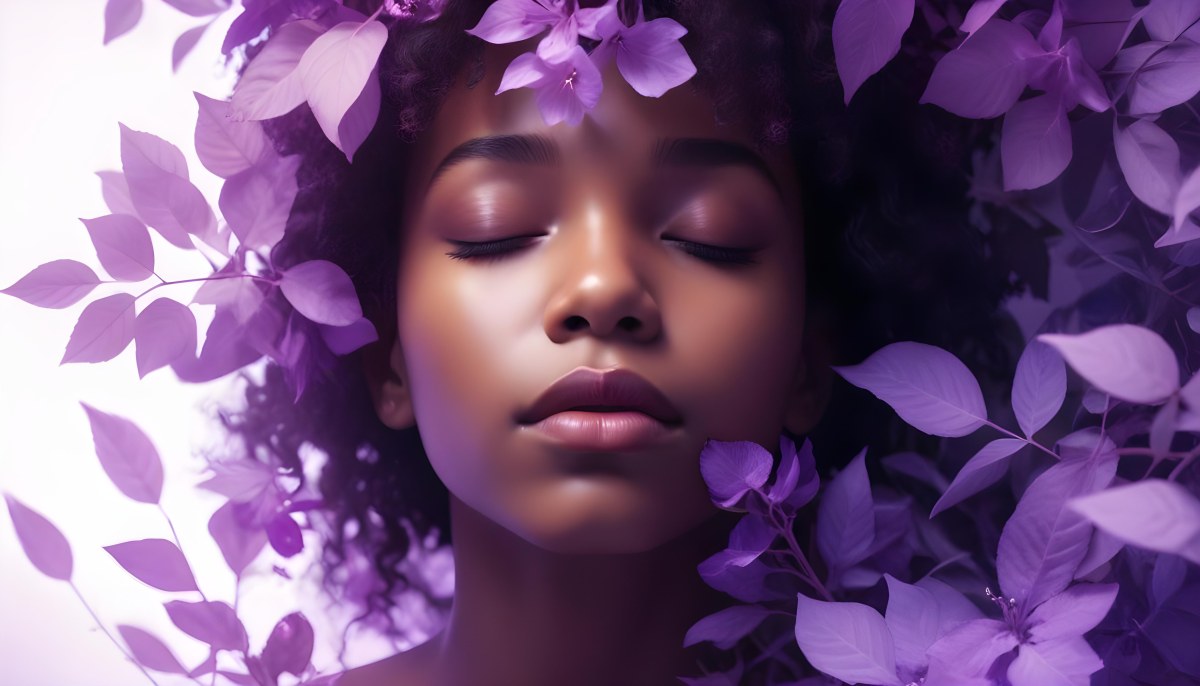 Digital Painting A Young Black Girl With Closed Eyes And Full Lips Surrounded By Purple Flowers And Leaves The Background Is Filled With Various Shades Of Purple Creating A Dreamy Atmosphere Bold And Slim Lines B 31 46b3
