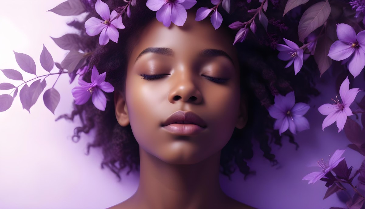 Digital Painting A Young Black Girl With Closed Eyes And Full Lips Surrounded By Purple Flowers And Leaves The Background Is Filled With Various Shades Of Purple Creating A Dreamy Atmosphere Bold And Slim Lines B 35 7f6e