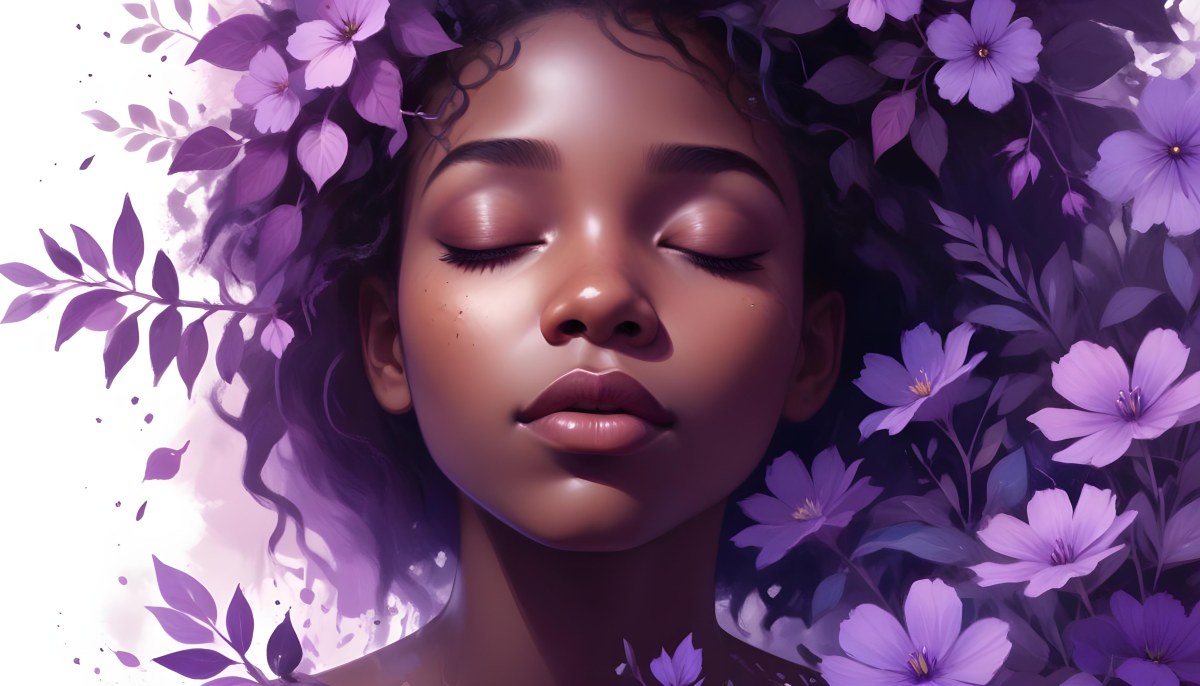 Digital Painting A Young Black Girl With Closed Eyes And Full Lips Surrounded By Purple Flowers And Leaves The Background Is Filled With Various Shades Of Purple Creating A Dreamy Atmosphere Bold And Slim Lines B 40 75dc