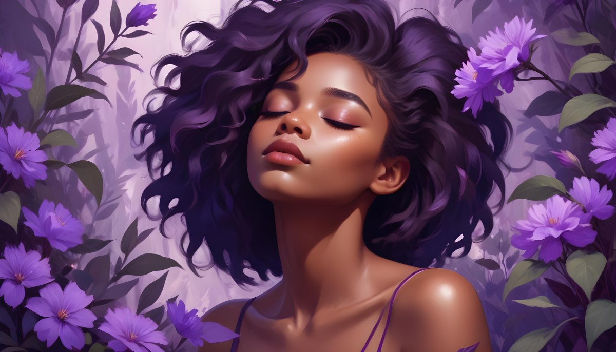 Digital Painting A Young Black Girl With Closed Eyes And Full Lips Surrounded By Purple Flowers And Leaves The Background Is Filled With Various Shades Of Purple Creating A Dreamy Atmosphere Bold And Slim Lines B 44 F8b8