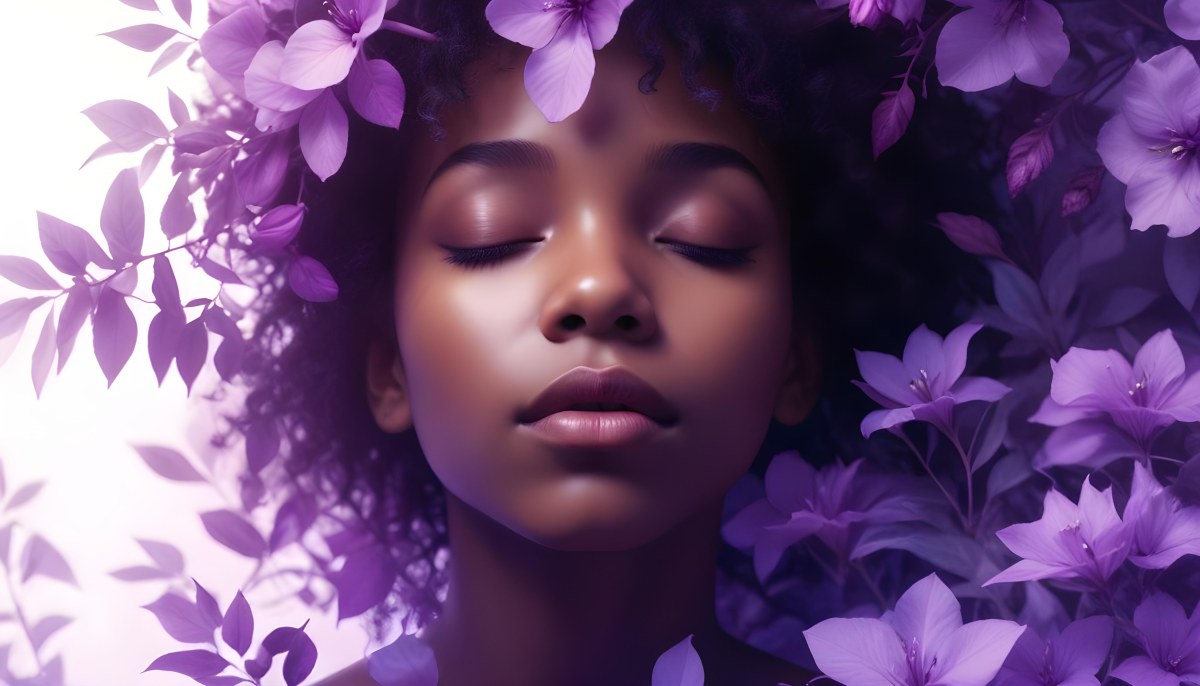 Digital Painting A Young Black Girl With Closed Eyes And Full Lips Surrounded By Purple Flowers And Leaves The Background Is Filled With Various Shades Of Purple Creating A Dreamy Atmosphere Bold And Slim Lines B 45 D23a
