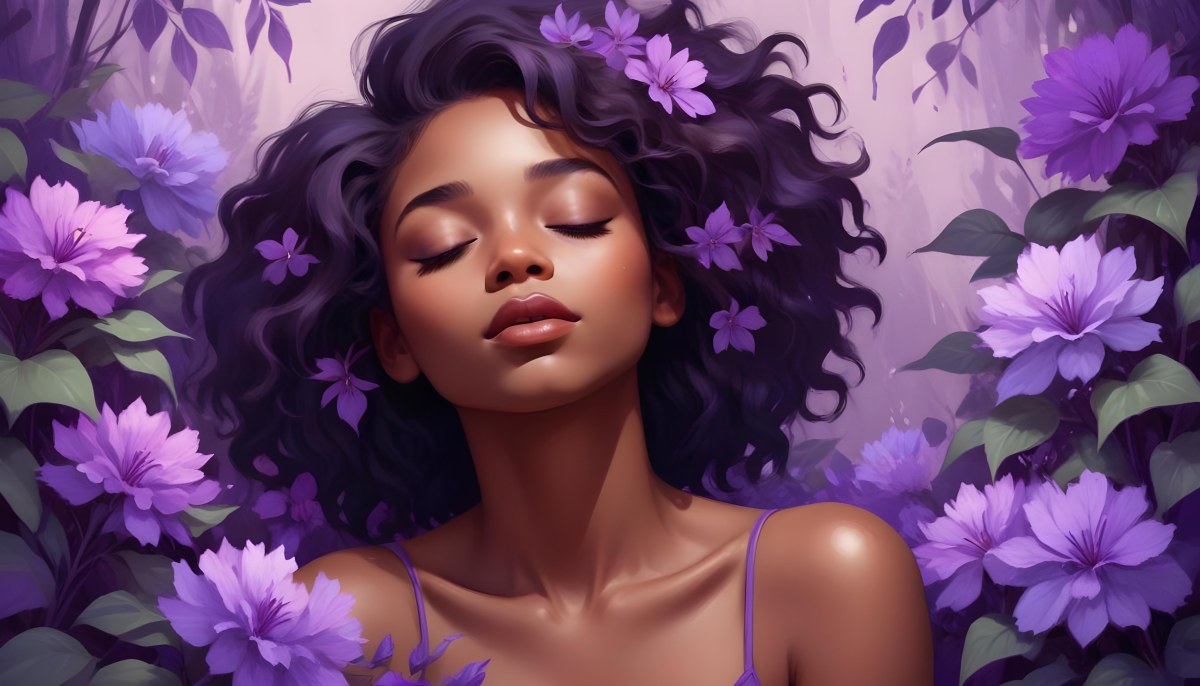 Digital Painting A Young Black Girl With Closed Eyes And Full Lips Surrounded By Purple Flowers And Leaves The Background Is Filled With Various Shades Of Purple Creating A Dreamy Atmosphere Bold And Slim Lines B 47 988a