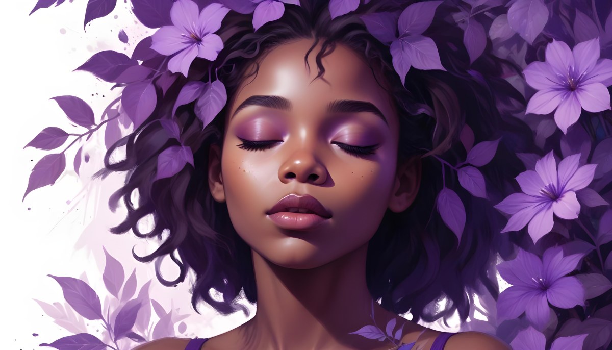 Digital Painting A Young Black Girl With Closed Eyes And Full Lips Surrounded By Purple Flowers And Leaves The Background Is Filled With Various Shades Of Purple Creating A Dreamy Atmosphere Bold And Slim Lines B 49 432c