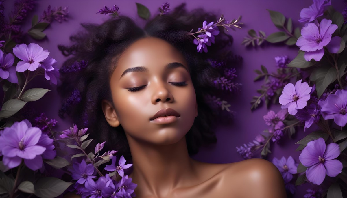 Digital Painting A Young Black Girl With Closed Eyes And Full Lips Surrounded By Purple Flowers And Leaves The Background Is Filled With Various Shades Of Purple Creating A Dreamy Atmosphere Bold And Slim Lines B 5 Ce6b