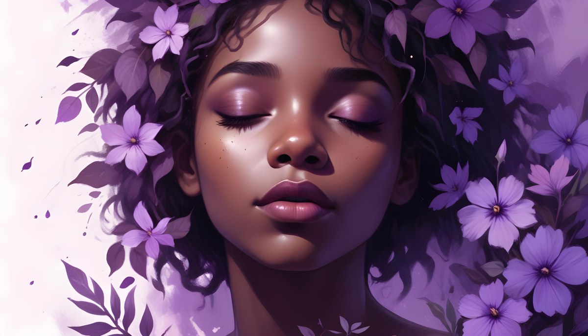 Digital Painting A Young Black Girl With Closed Eyes And Full Lips Surrounded By Purple Flowers And Leaves The Background Is Filled With Various Shades Of Purple Creating A Dreamy Atmosphere Bold And Slim Lines B 6 8e12