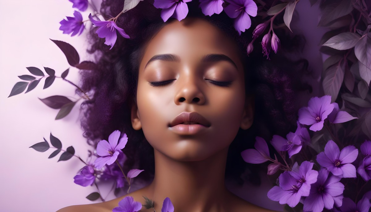 Digital Painting A Young Black Girl With Closed Eyes And Full Lips Surrounded By Purple Flowers And Leaves The Background Is Filled With Various Shades Of Purple Creating A Dreamy Atmosphere Bold And Slim Lines B 7 F11f