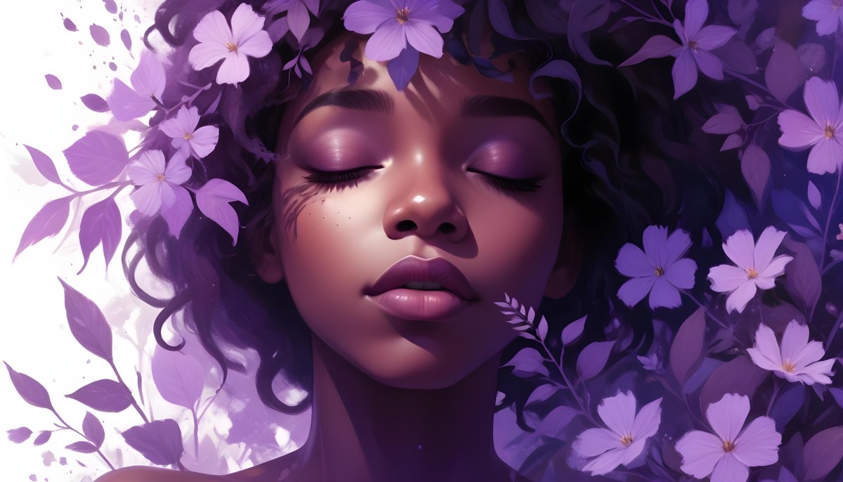 Digital Painting A Young Black Girl With Closed Eyes And Full Lips Surrounded By Purple Flowers And Leaves The Background Is Filled With Various Shades Of Purple Creating A Dreamy Atmosphere Bold And Slim Lines B 8 2477