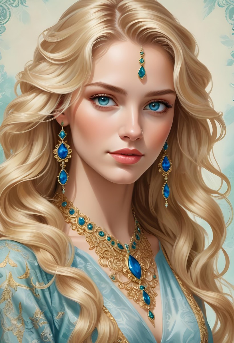 Digital Painting A Young Caucasian Woman With Long Wavy Blonde Hair And Striking Blue Eyes She Is Wearing Elegant Jewelry Including Large Green Earrings And A Matching Blue Gemstone Necklace The Background Features A 107 817f