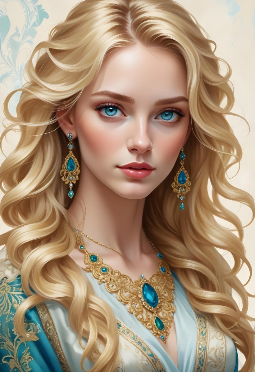 Digital Painting A Young Caucasian Woman With Long Wavy Blonde Hair And Striking Blue Eyes She Is Wearing Elegant Jewelry Including Large Green Earrings And A Matching Blue Gemstone Necklace The Background Features A 13 A328