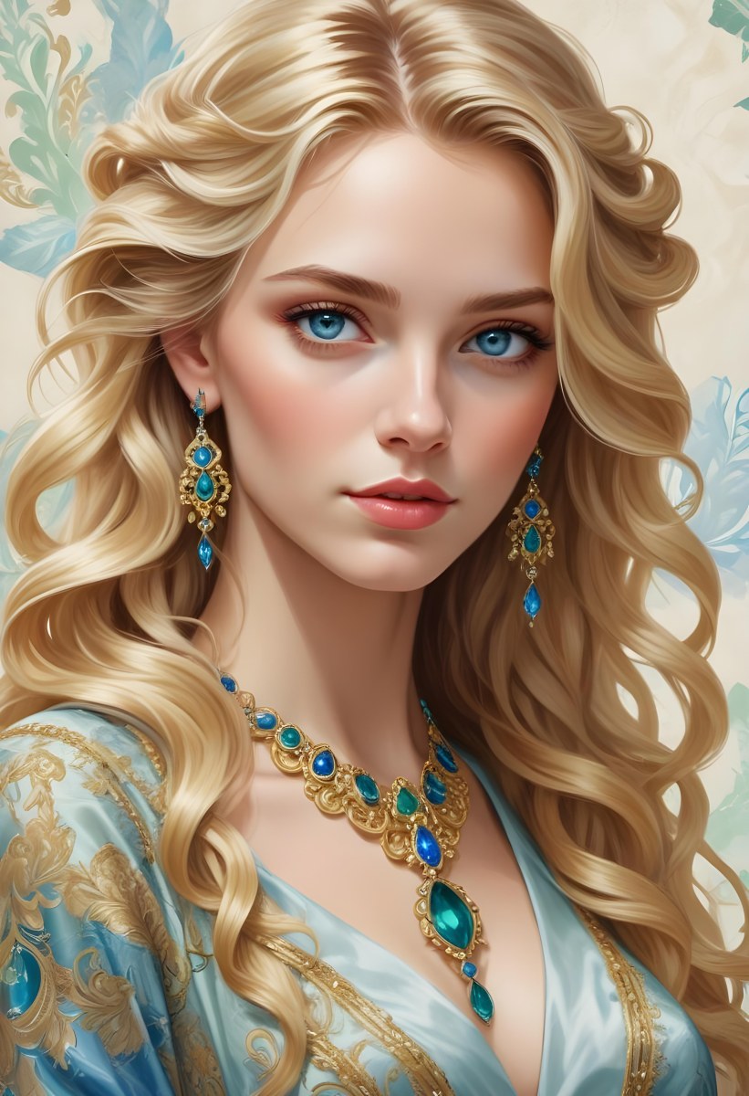 Digital Painting A Young Caucasian Woman With Long Wavy Blonde Hair And Striking Blue Eyes She Is Wearing Elegant Jewelry Including Large Green Earrings And A Matching Blue Gemstone Necklace The Background Features A 33 Daf4