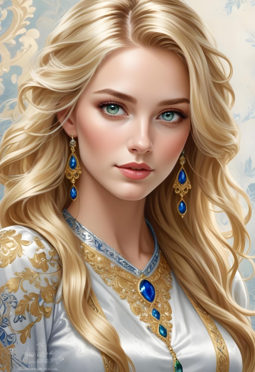 Digital Painting A Young Caucasian Woman With Long Wavy Blonde Hair And Striking Blue Eyes She Is Wearing Elegant Jewelry Including Large Green Earrings And A Matching Blue Gemstone Necklace The Background Features A 37 83fa
