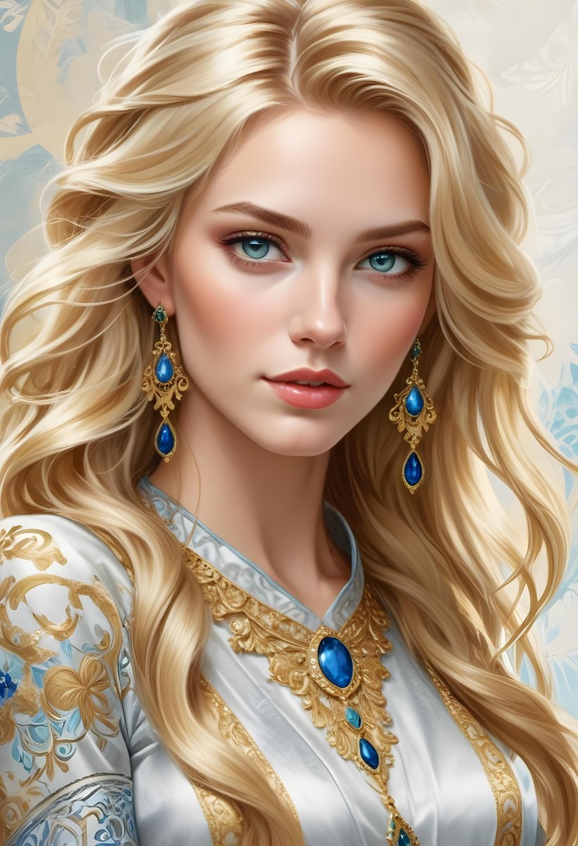 Digital Painting A Young Caucasian Woman With Long Wavy Blonde Hair And Striking Blue Eyes She Is Wearing Elegant Jewelry Including Large Green Earrings And A Matching Blue Gemstone Necklace The Background Features A 40 7af3