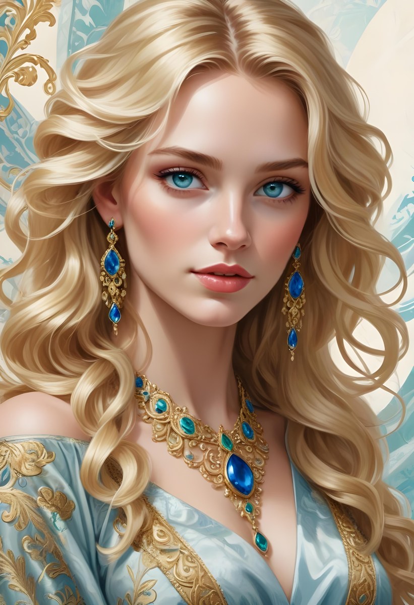 Digital Painting A Young Caucasian Woman With Long Wavy Blonde Hair And Striking Blue Eyes She Is Wearing Elegant Jewelry Including Large Green Earrings And A Matching Blue Gemstone Necklace The Background Features A 42 47c3