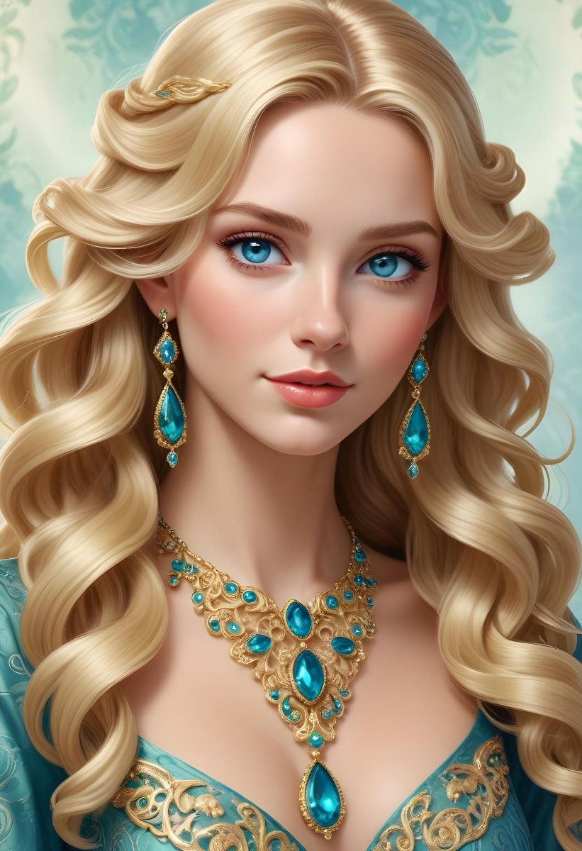 Digital Painting A Young Caucasian Woman With Long Wavy Blonde Hair And Striking Blue Eyes She Is Wearing Elegant Jewelry Including Large Green Earrings And A Matching Blue Gemstone Necklace The Background Features A 46 Eb97