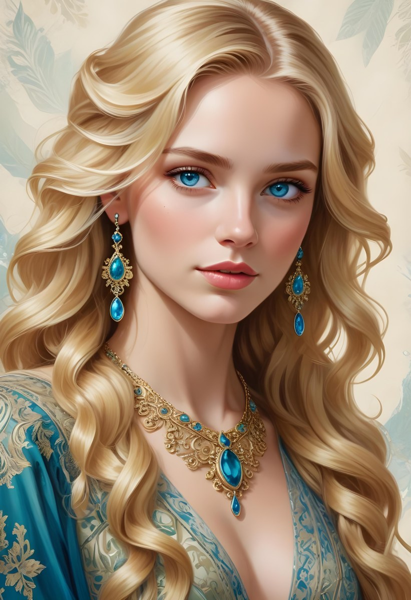 Digital Painting A Young Caucasian Woman With Long Wavy Blonde Hair And Striking Blue Eyes She Is Wearing Elegant Jewelry Including Large Green Earrings And A Matching Blue Gemstone Necklace The Background Features A 60 Cf70