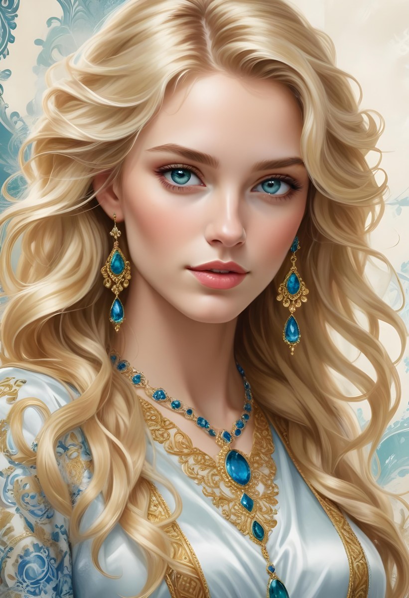 Digital Painting A Young Caucasian Woman With Long Wavy Blonde Hair And Striking Blue Eyes She Is Wearing Elegant Jewelry Including Large Green Earrings And A Matching Blue Gemstone Necklace The Background Features A 87 A405