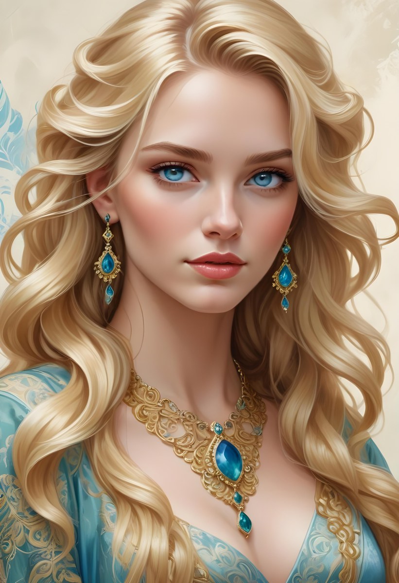Digital Painting A Young Caucasian Woman With Long Wavy Blonde Hair And Striking Blue Eyes She Is Wearing Elegant Jewelry Including Large Green Earrings And A Matching Blue Gemstone Necklace The Background Features A 88 2bd1