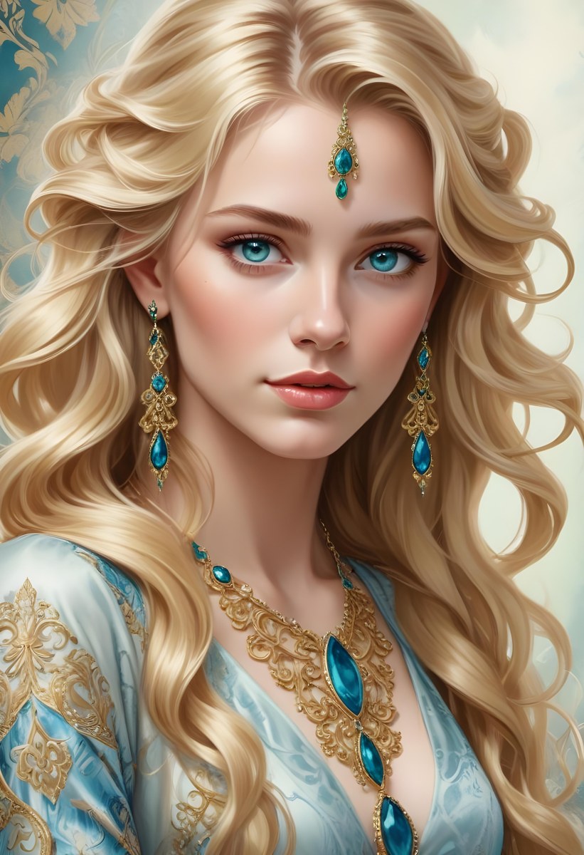 Digital Painting A Young Caucasian Woman With Long Wavy Blonde Hair And Striking Blue Eyes She Is Wearing Elegant Jewelry Including Large Green Earrings And A Matching Blue Gemstone Necklace The Background Features A 89 6a32