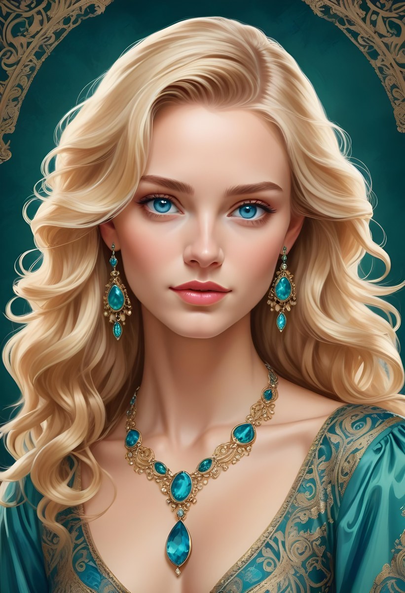 Digital Painting A Young Caucasian Woman With Long Wavy Blonde Hair And Striking Blue Eyes She Is Wearing Elegant Jewelry Including Large Green Earrings And A Matching Blue Gemstone Necklace The Background Features A 9 Cc81