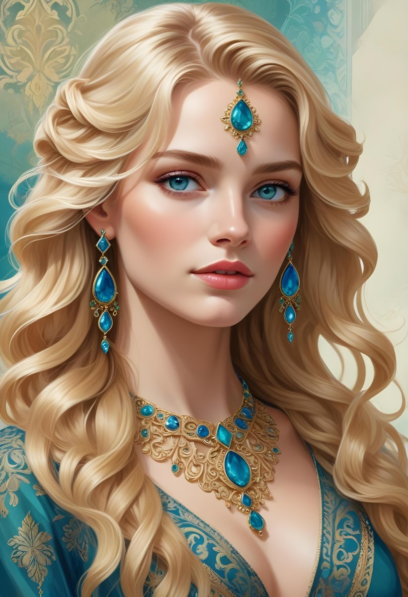 Digital Painting A Young Caucasian Woman With Long Wavy Blonde Hair And Striking Blue Eyes She Is Wearing Elegant Jewelry Including Large Green Earrings And A Matching Blue Gemstone Necklace The Background Features A 92 B71d