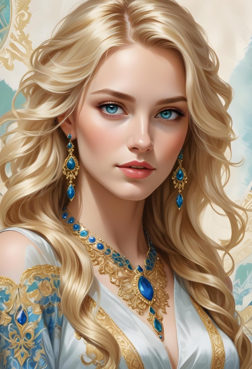 Digital Painting A Young Caucasian Woman With Long Wavy Blonde Hair And Striking Blue Eyes She Is Wearing Elegant Jewelry Including Large Green Earrings And A Matching Blue Gemstone Necklace The Background Features A 93 F935