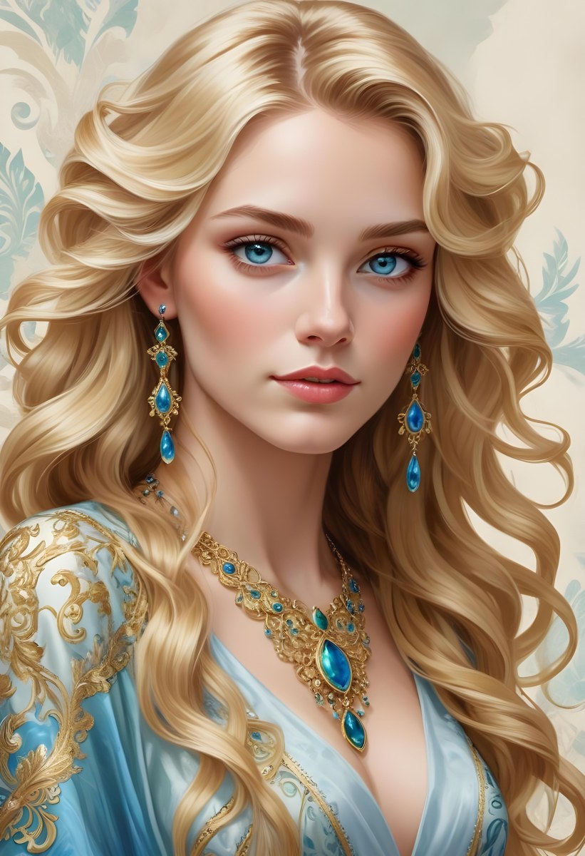 Digital Painting A Young Caucasian Woman With Long Wavy Blonde Hair And Striking Blue Eyes She Is Wearing Elegant Jewelry Including Large Green Earrings And A Matching Blue Gemstone Necklace The Background Features A 94 5cd2