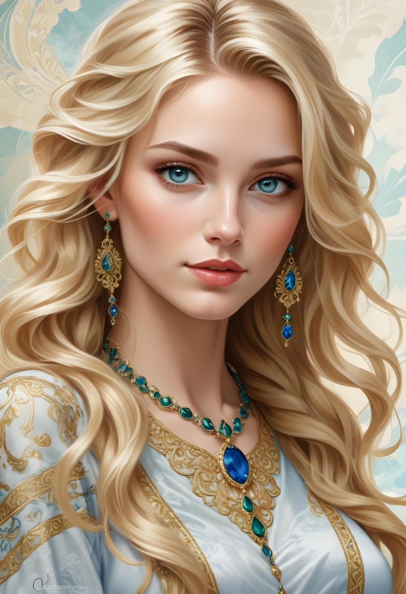 Digital Painting A Young Caucasian Woman With Long Wavy Blonde Hair And Striking Blue Eyes She Is Wearing Elegant Jewelry Including Large Green Earrings And A Matching Blue Gemstone Necklace The Background Features A 95 6cb0