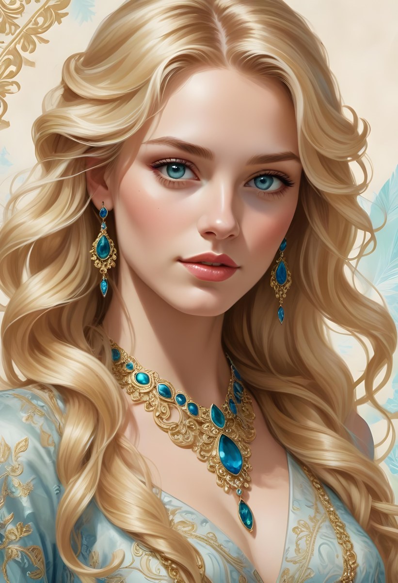 Digital Painting A Young Caucasian Woman With Long Wavy Blonde Hair And Striking Blue Eyes She Is Wearing Elegant Jewelry Including Large Green Earrings And A Matching Blue Gemstone Necklace The Background Features A 96 Ee81