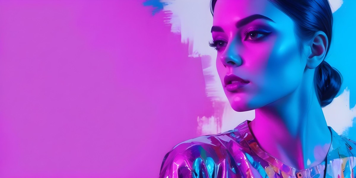 Digital Painting A Young Woman With Dark Hair And Bold Makeup Wearing A Shiny Colorful Outfit Against A Vibrant Purple And Blue Background Bold And Slim Lines Brush Strokes 15 7a09