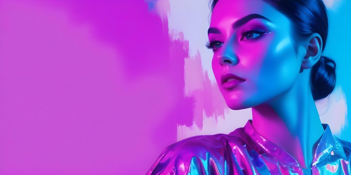 Digital Painting A Young Woman With Dark Hair And Bold Makeup Wearing A Shiny Colorful Outfit Against A Vibrant Purple And Blue Background Bold And Slim Lines Brush Strokes 18 C85f
