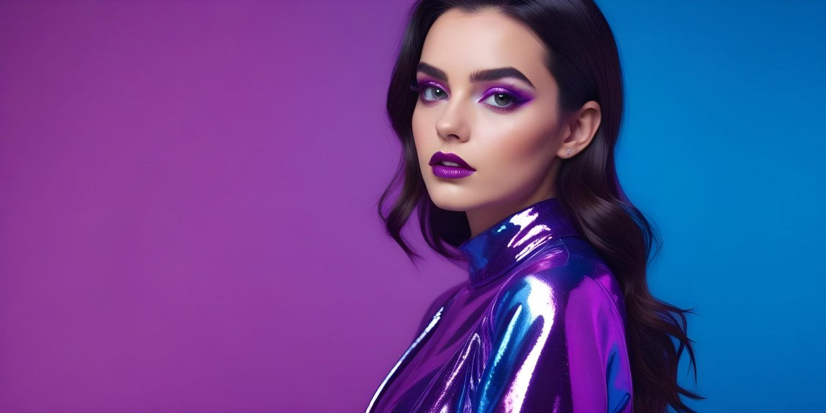 Digital Painting A Young Woman With Dark Hair And Bold Makeup Wearing A Shiny Colorful Outfit Against A Vibrant Purple And Blue Background Bold And Slim Lines Brush Strokes 56 2729