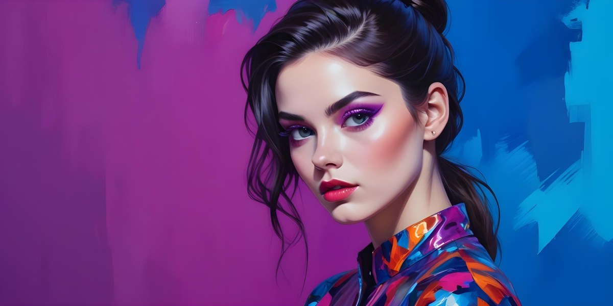 Digital Painting A Young Woman With Dark Hair And Bold Makeup Wearing A Shiny Colorful Outfit Against A Vibrant Purple And Blue Background Bold And Slim Lines Brush Strokes 6 Dbfb