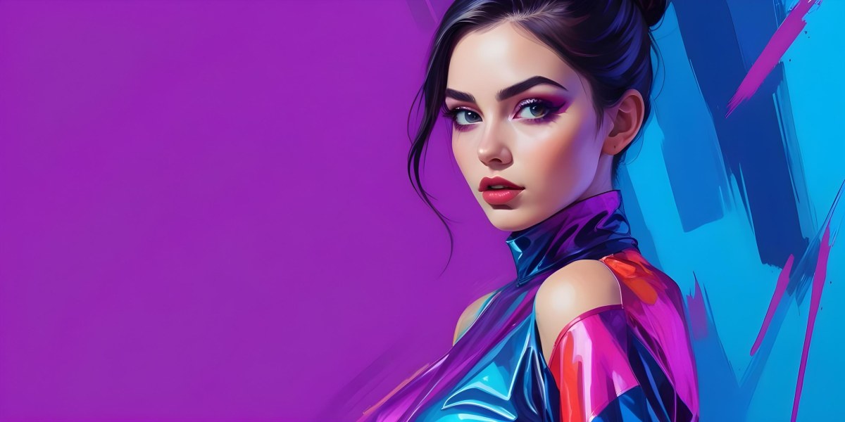 Digital Painting A Young Woman With Dark Hair And Bold Makeup Wearing A Shiny Colorful Outfit Against A Vibrant Purple And Blue Background Bold And Slim Lines Brush Strokes 60 79fe